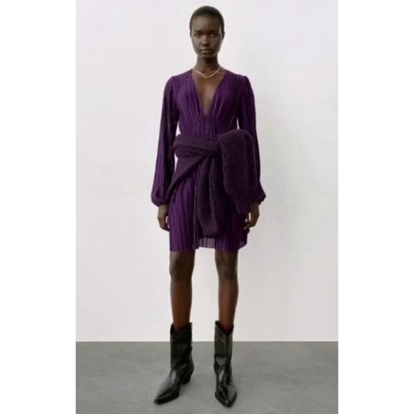 NEW Zara Purple Pleated Long Sleeve Mini Dress Large - Picture 1 of 11